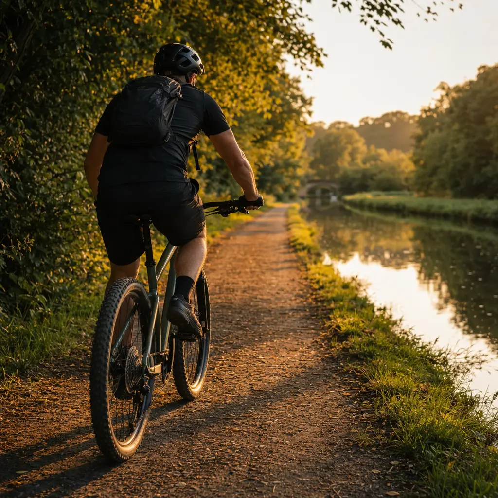 Hardtail mountain bike being ridden along a sunny canal towpath