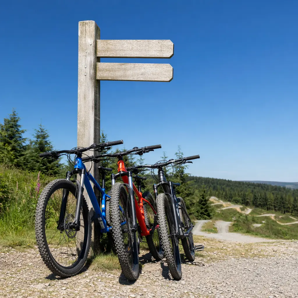 Entry-level hardtail mountain bikes at a sunny UK trail centre