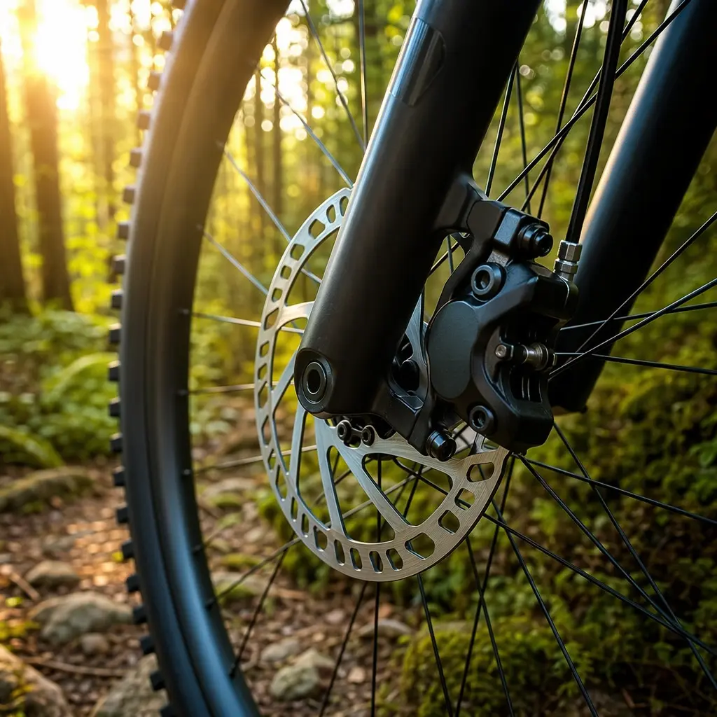 Close-up of a mountain bike disc brake and suspension fork in warm sunlight