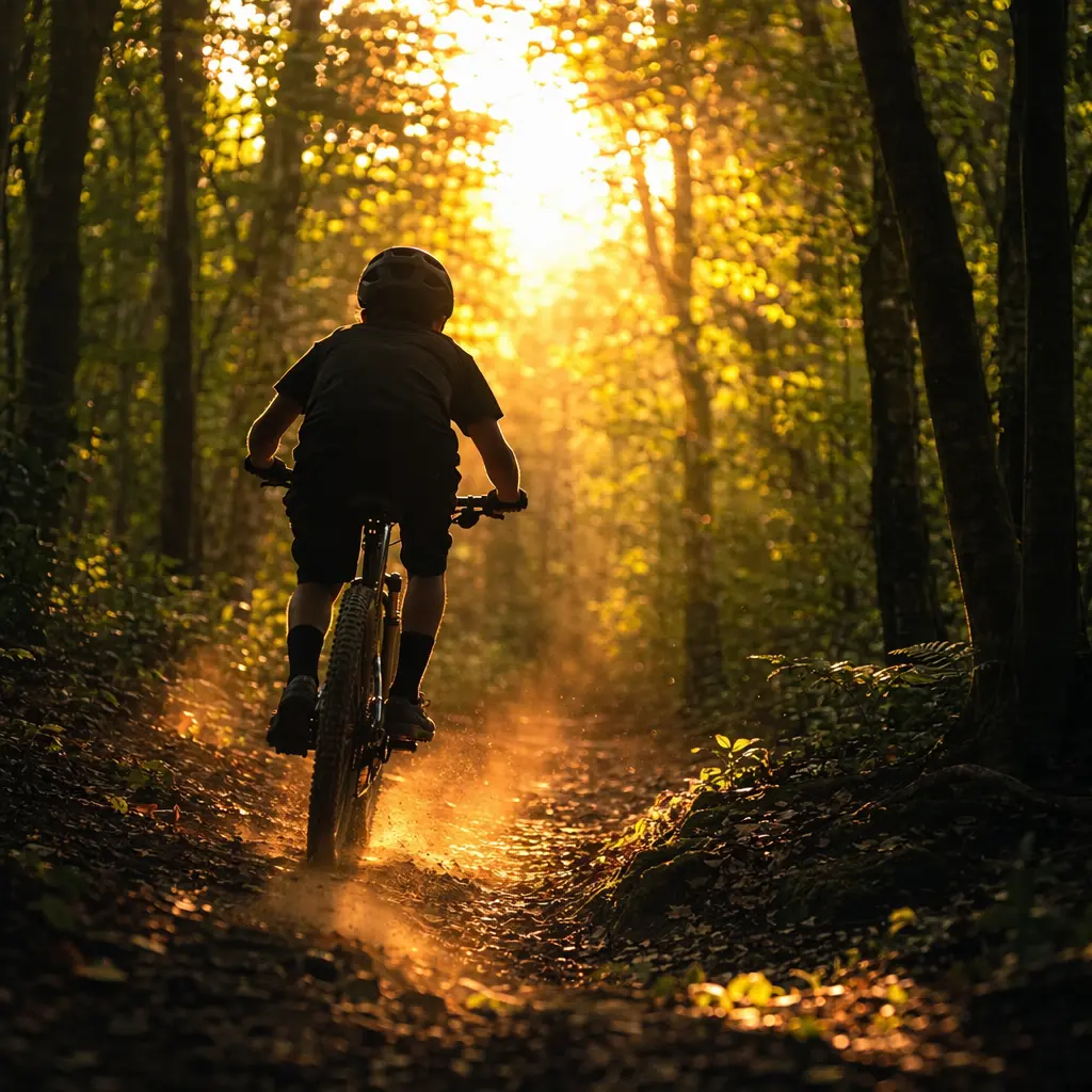 Beginner rider on a hardtail mountain bike on a sunlit woodland trail