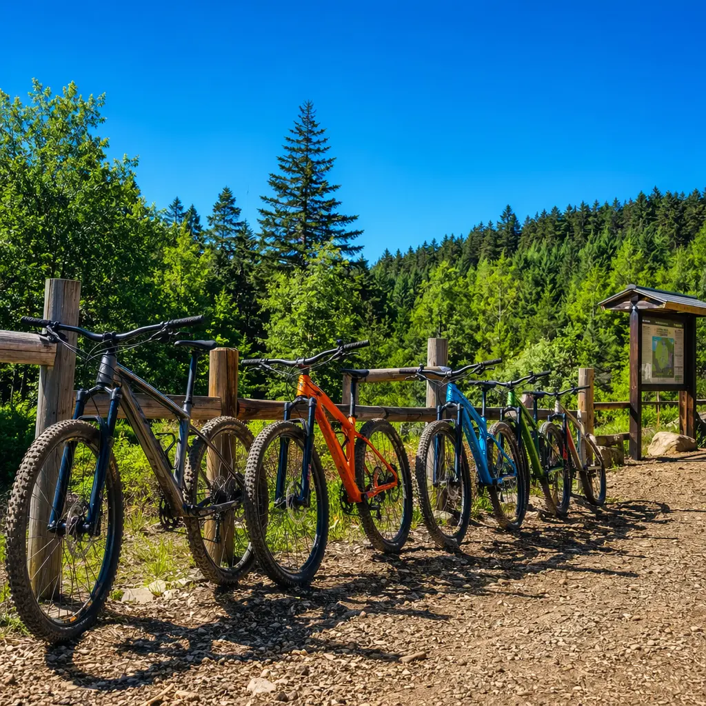 Hardtail mountain bikes parked at a sunny UK trail centre
