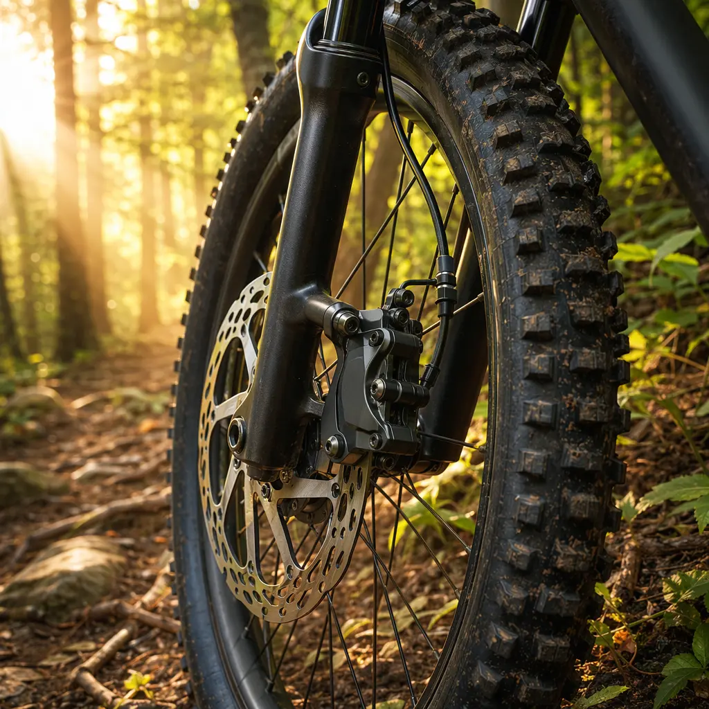 Close-up of hydraulic disc brake and trail tyre in woodland light