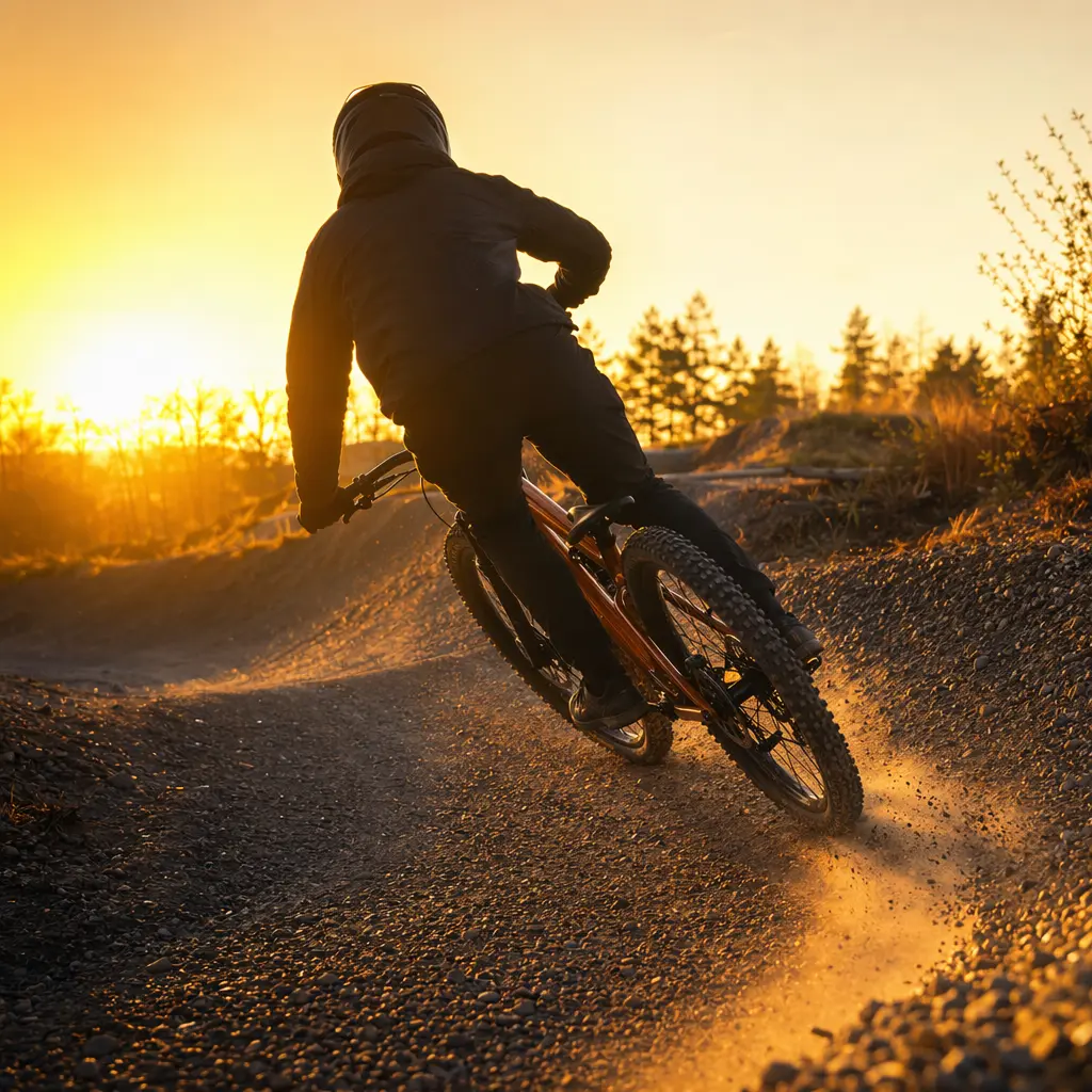 Rider on a hardtail mountain bike at a UK trail centre during golden hour
