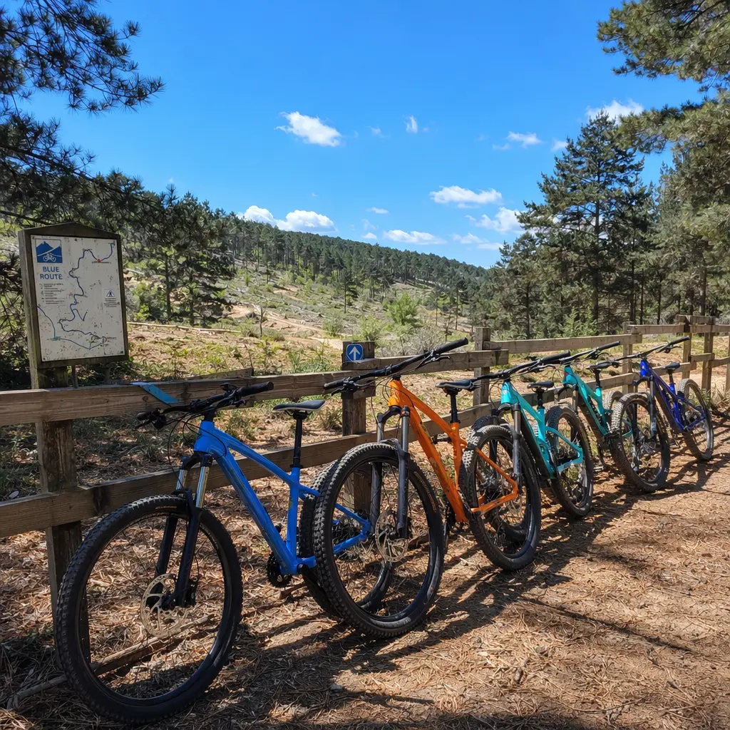 Hardtail mountain bikes at a sunny UK trail centre blue route