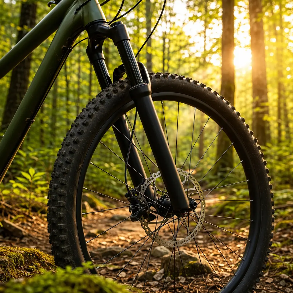 Close-up of a hardtail mountain bike fork, disc brake and front tyre in woodland light