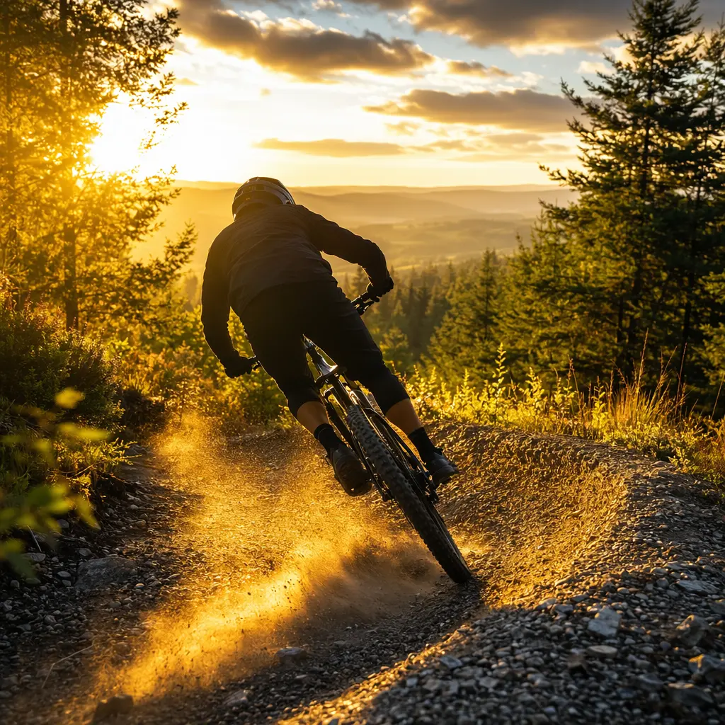 Silhouette of a rider on a hardtail mountain bike riding a sunlit UK forestry trail