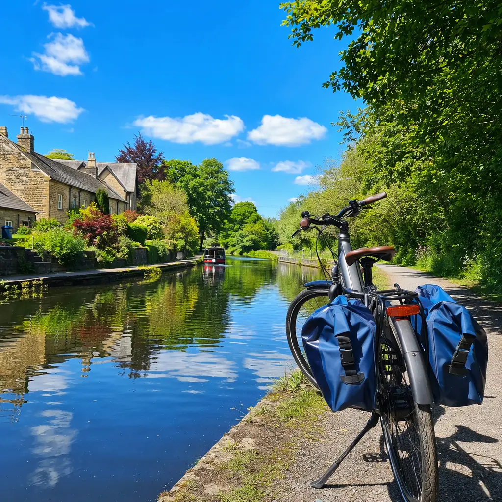 Waterproof panniers on a commuter bike beside a canal in bright summer light