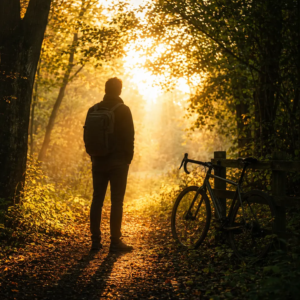 Commuter cyclist with backpack in warm morning sunlight