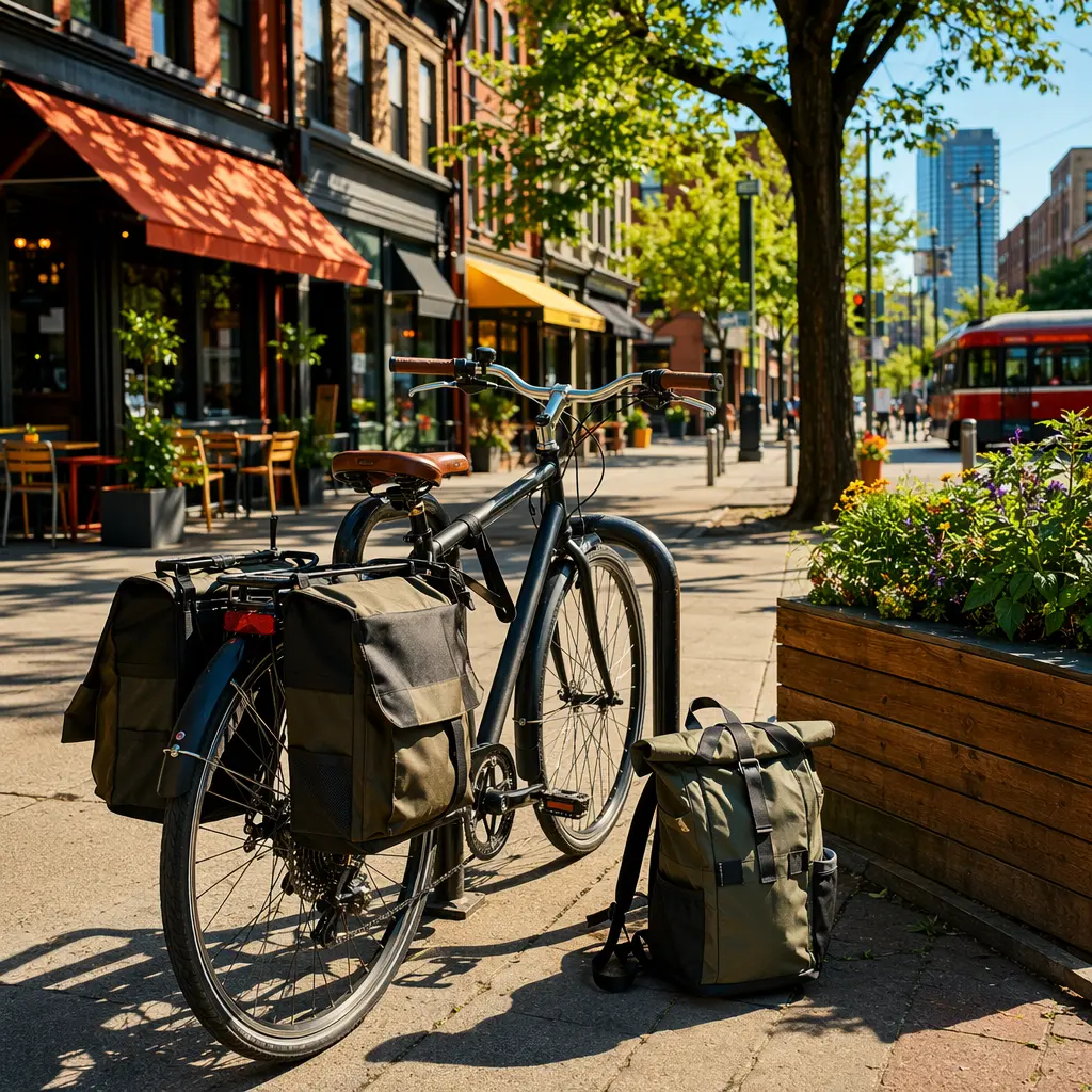 Bike commuting luggage including panniers and a backpack in bright urban daylight