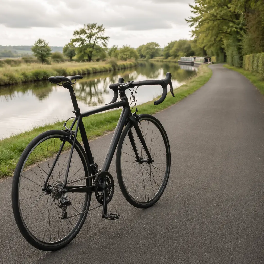 A beginner-friendly road bike on a UK canal-side cycle path