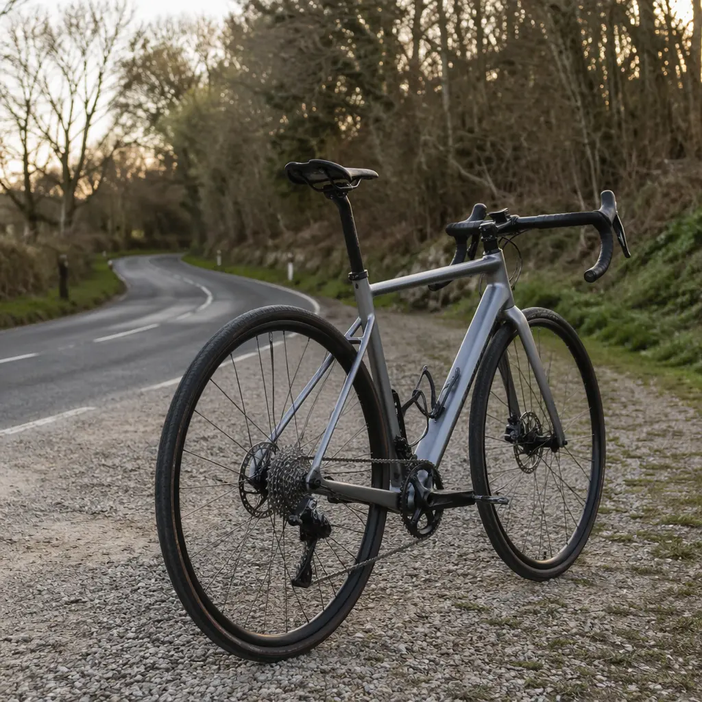 An aluminium road bike with disc brakes beside a quiet UK road