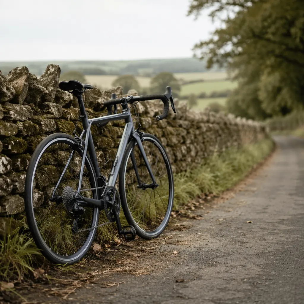 An entry-level road bike on a quiet UK lane in soft natural light