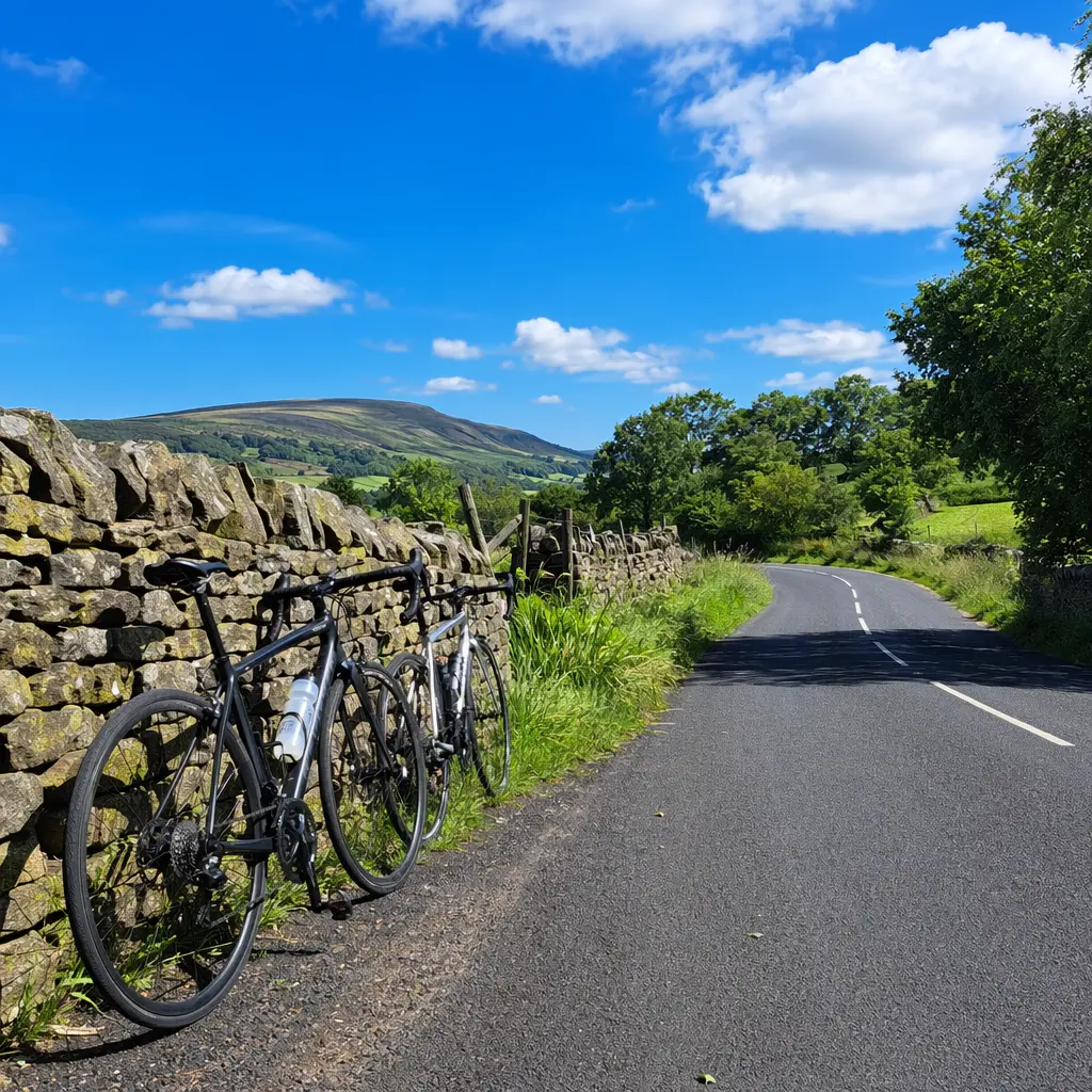 Road bikes resting by a sunny UK country road under a bright blue sky