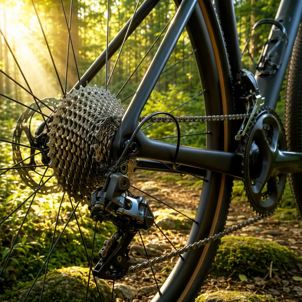 Close-up of a road bike drivetrain lit by warm morning sunlight