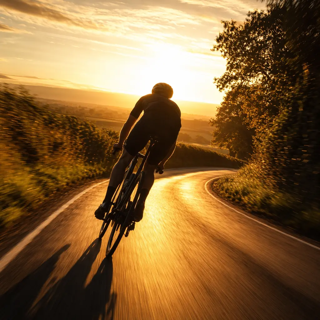 Silhouette of a cyclist riding a fast road bike on a sunlit country lane at golden hour