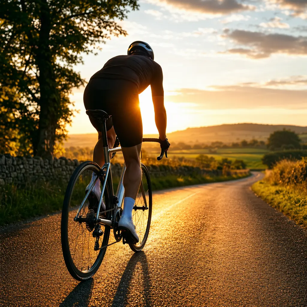 An aluminium road bike being ridden fast along a country lane in warm golden-hour light