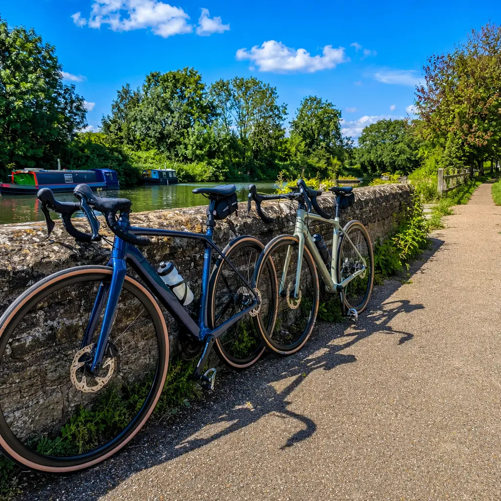 Endurance road bikes resting beside a sunny canal towpath
