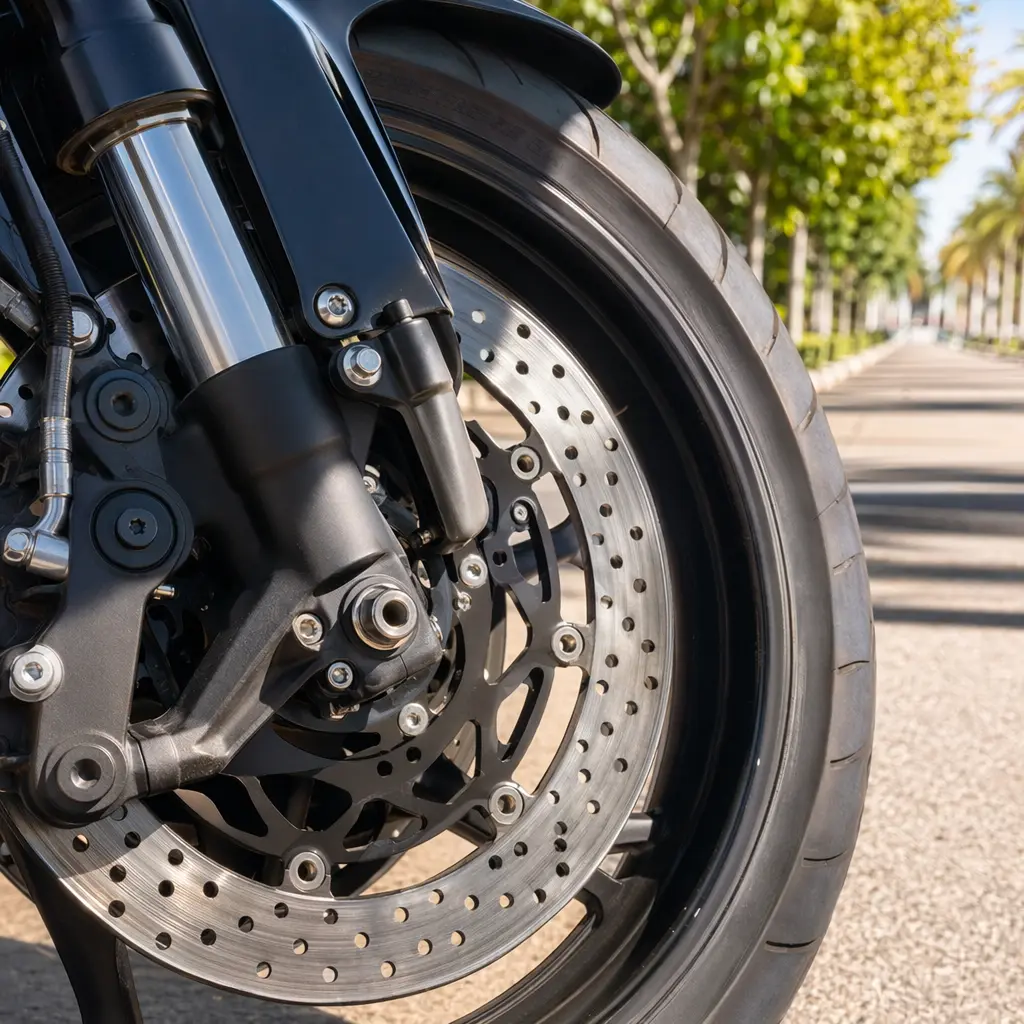 Close-up of hydraulic disc brake and wide road tyre in bright daylight