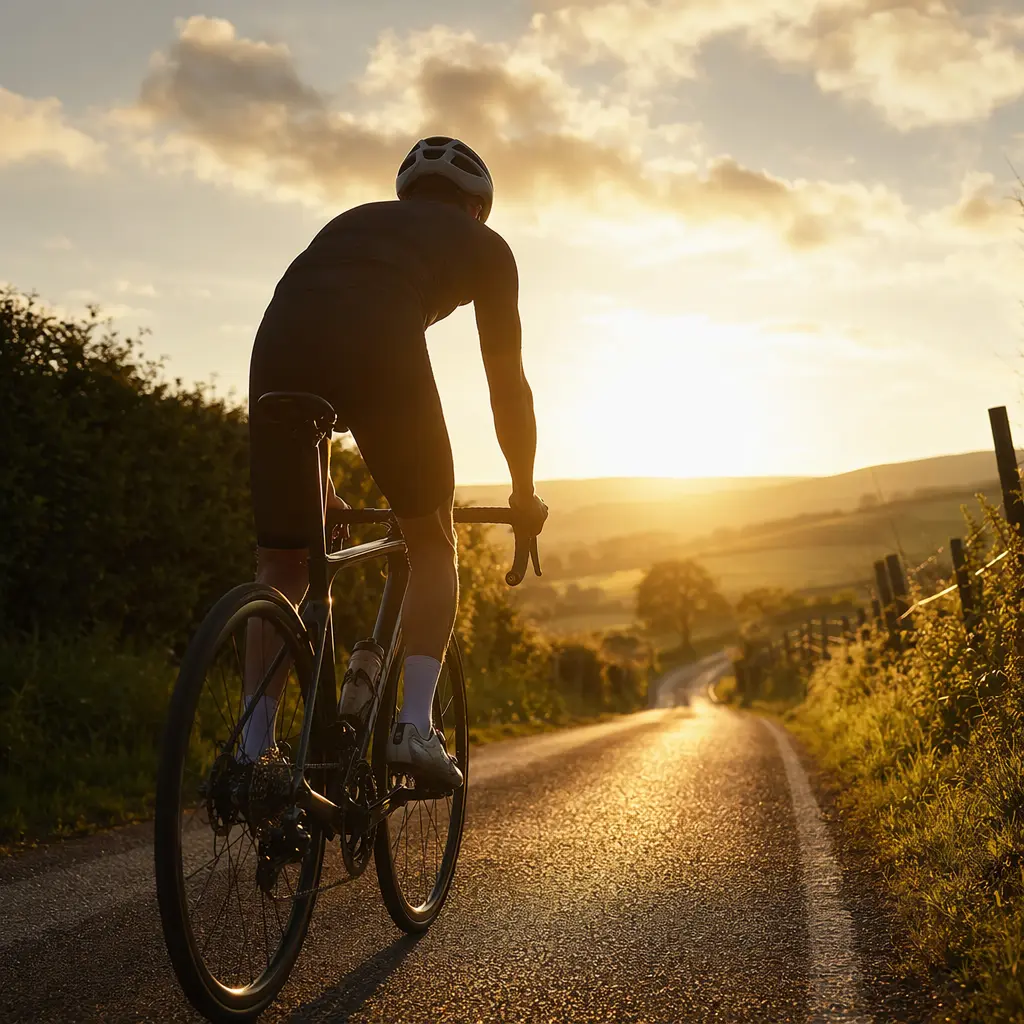 Endurance road bike on a sunny UK country lane during golden hour