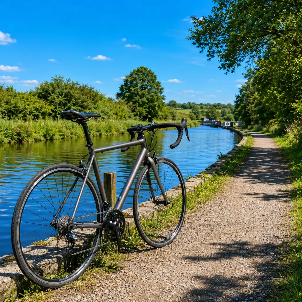 Entry-level road bike by a canal towpath under a bright summer sky