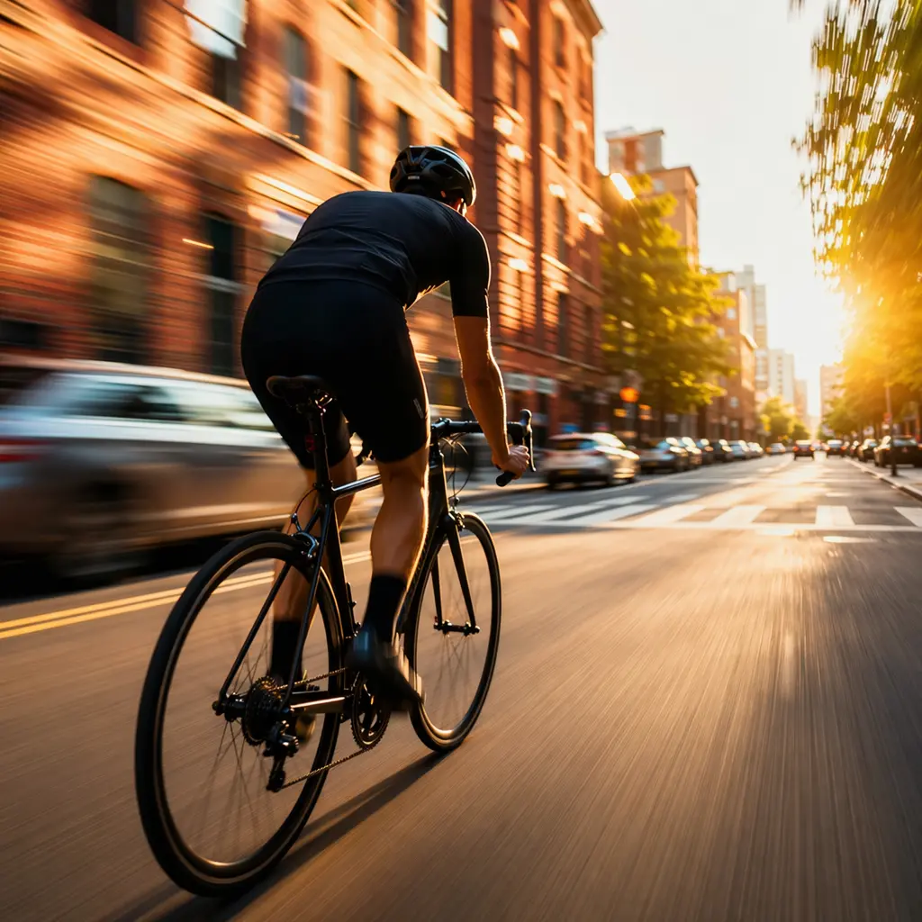 Entry-level road bike being ridden on a bright, sunlit city street