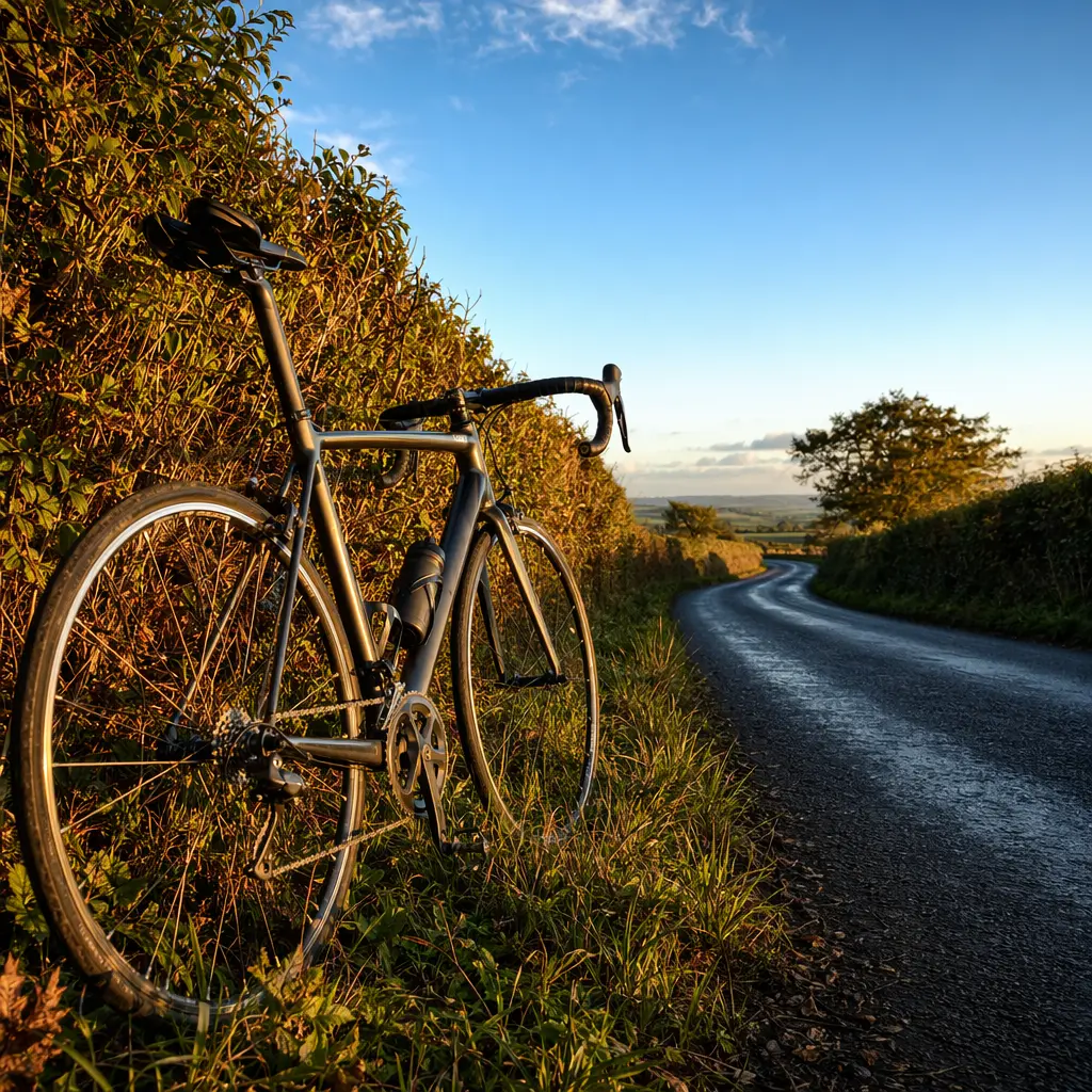 Budget road bike photographed on a sunlit UK country lane at golden hour