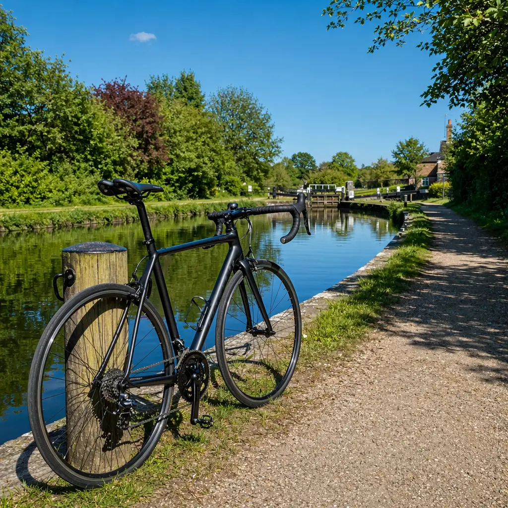 A basic road bike beside a canal towpath in bright sunshine
