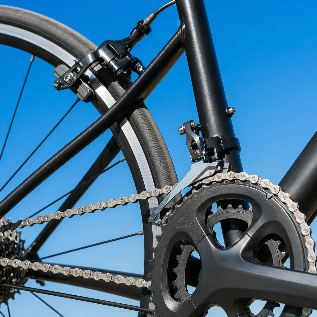 Close-up of basic road bike gearing and rim brakes in bright light