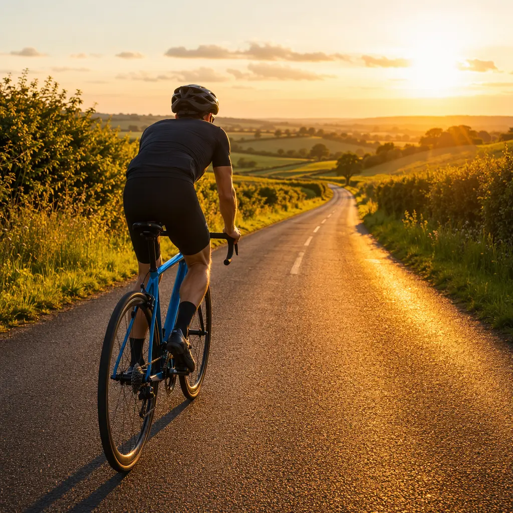An entry-level road bike on a sunlit country lane at golden hour