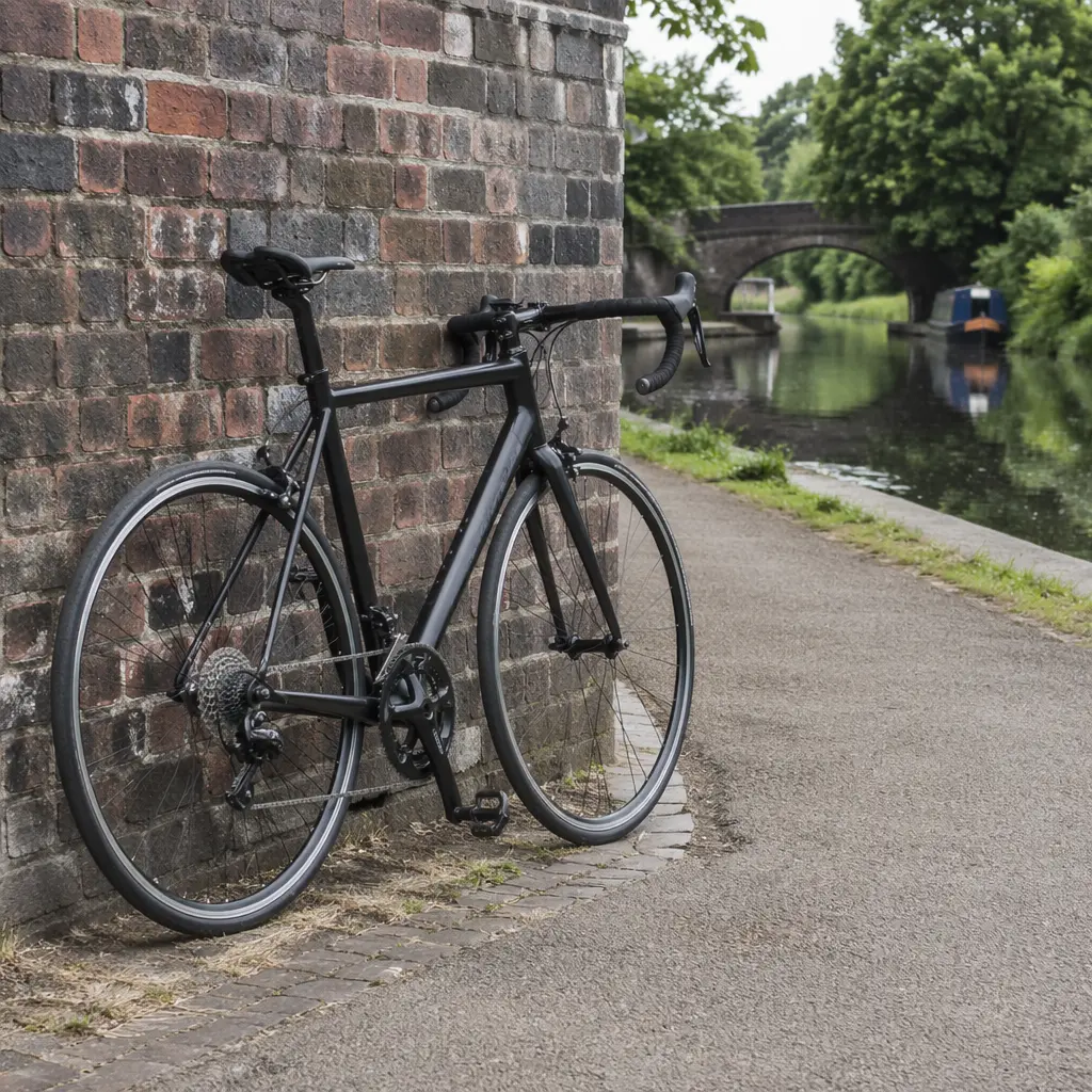 Entry-level road bike beside a UK canal towpath