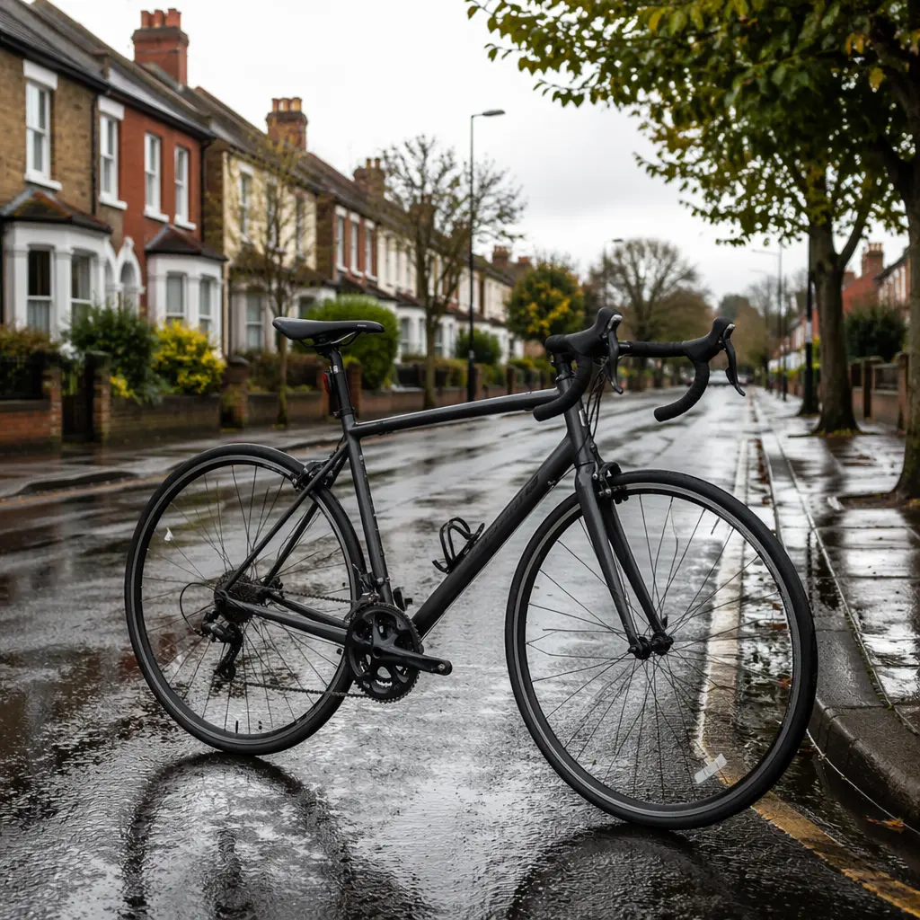 Road bike on a damp UK street showing commuting conditions