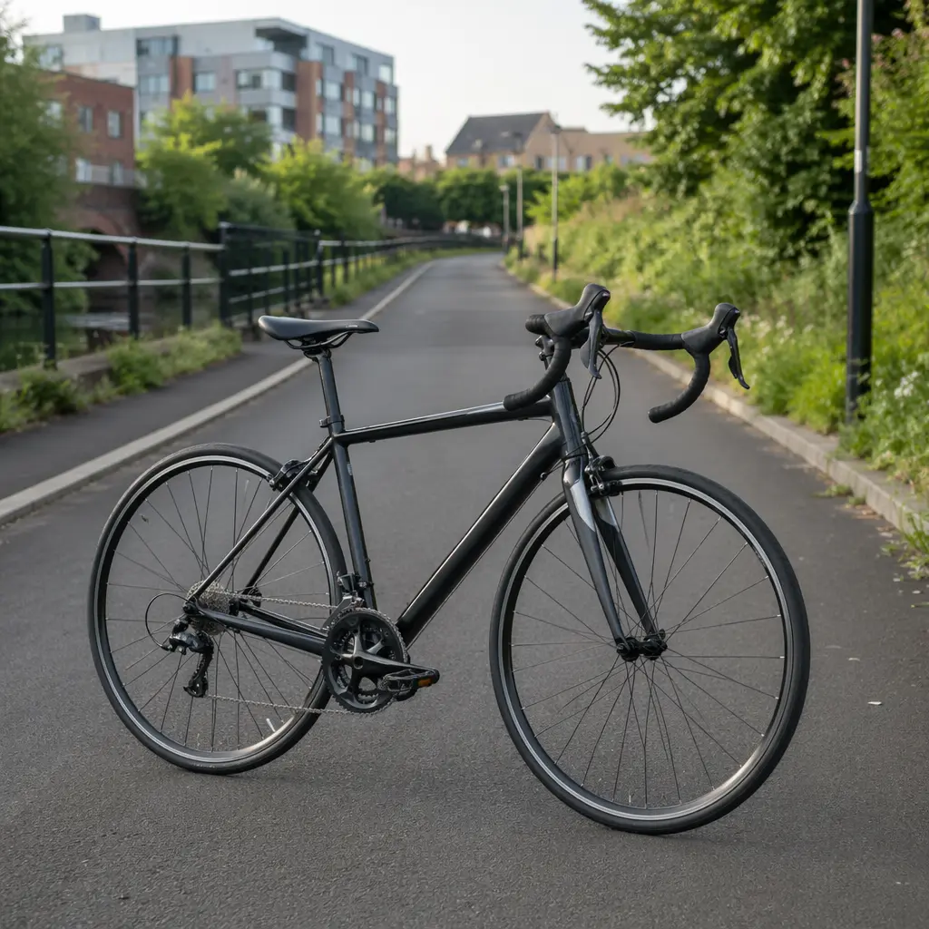 A budget road bike on a UK cycle path, suitable for fitness and commuting