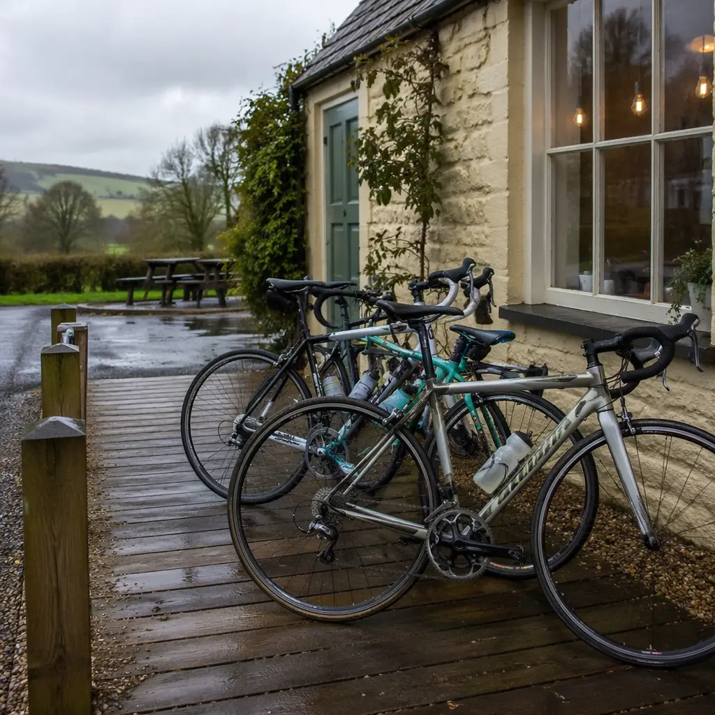 Affordable road bikes parked outside a café in the UK countryside