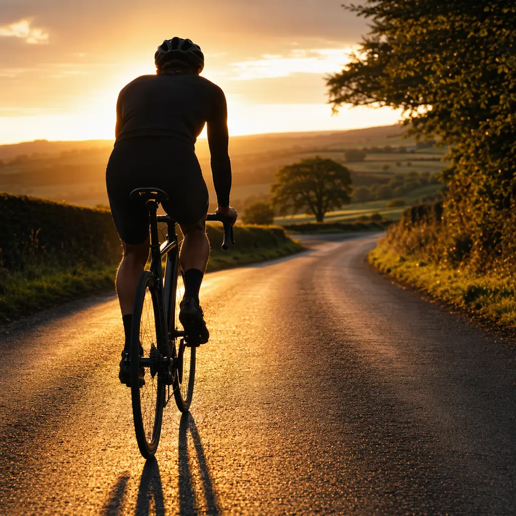 Rider on a road bike at golden hour on a country lane, ideal for fitness riding