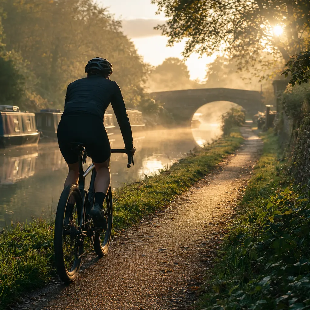 Road bike on a sunlit UK canal towpath with wider tyres