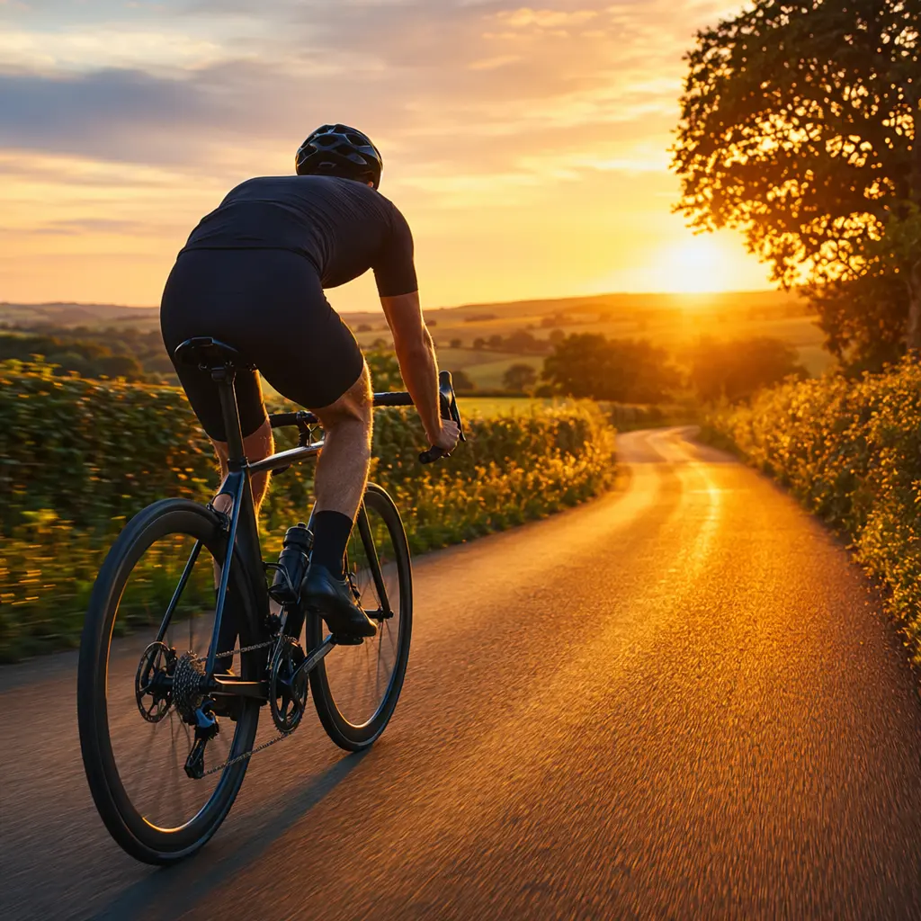 Road bike on a sunlit UK country lane at golden hour