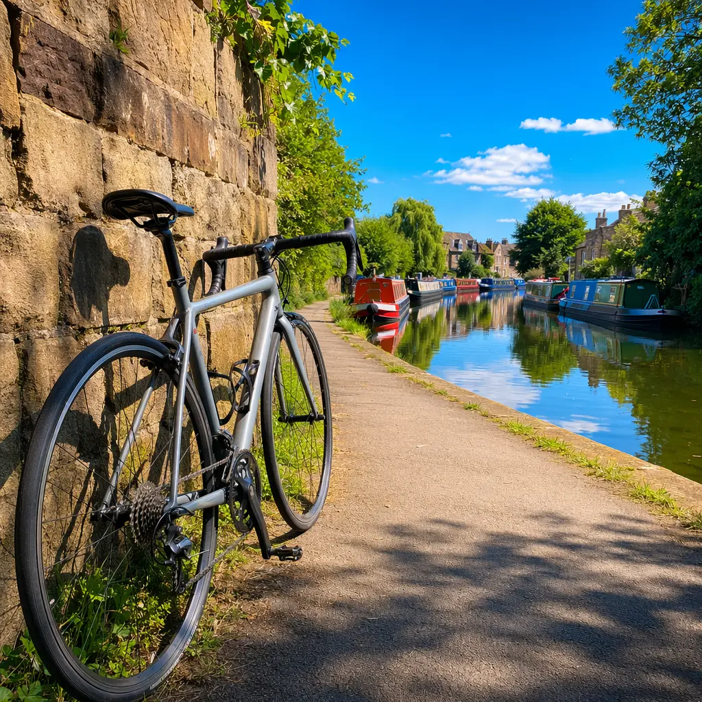 Road bike beside a canal towpath under a bright blue summer sky