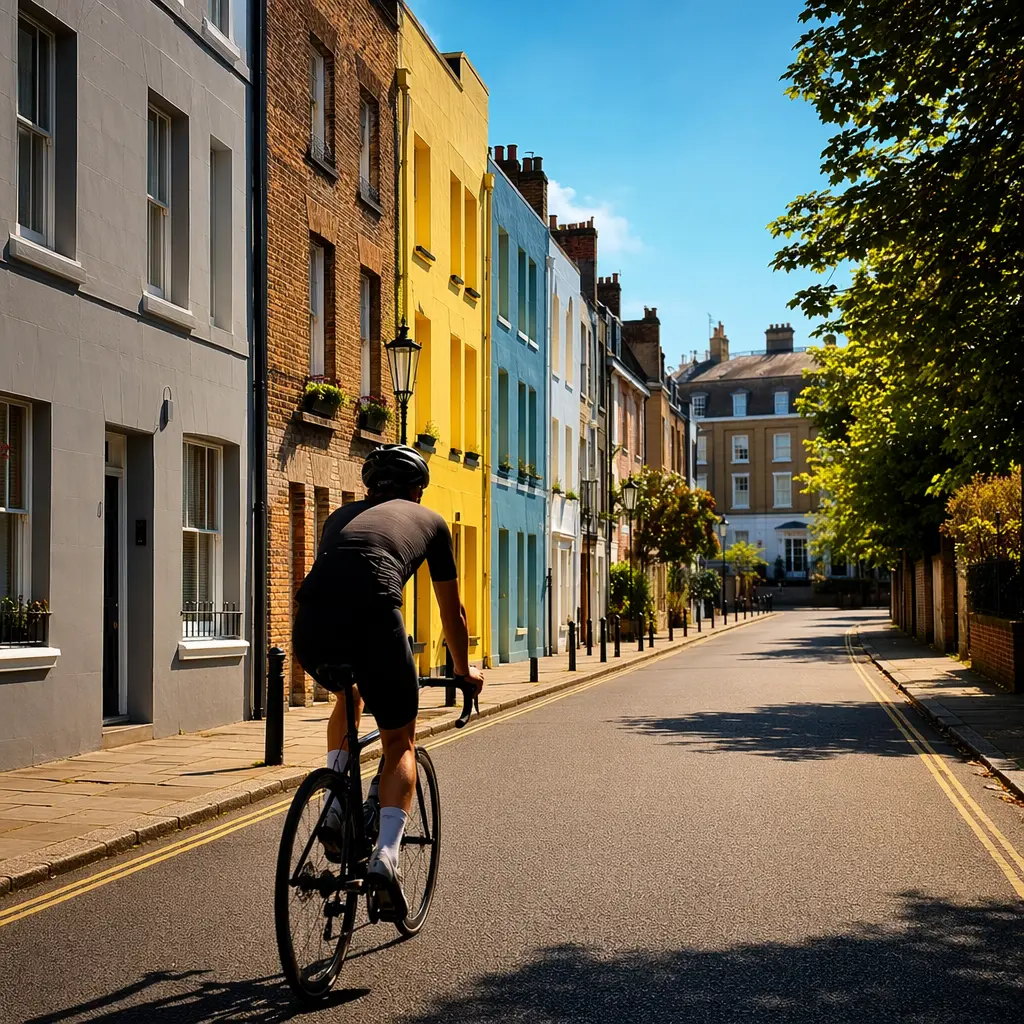 Fitness road bike being ridden on a bright, sunlit UK street