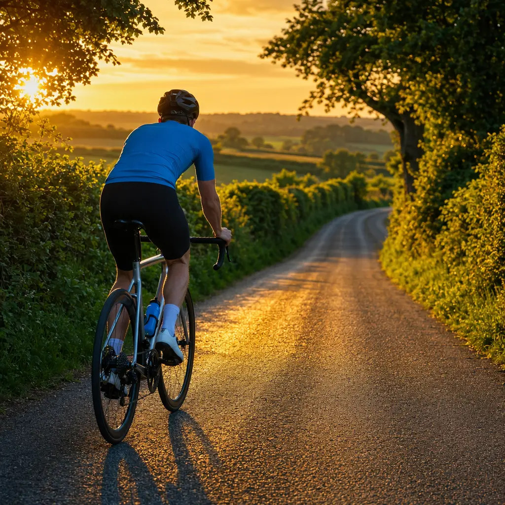 Budget road bike being ridden on a sunny UK country lane at golden hour