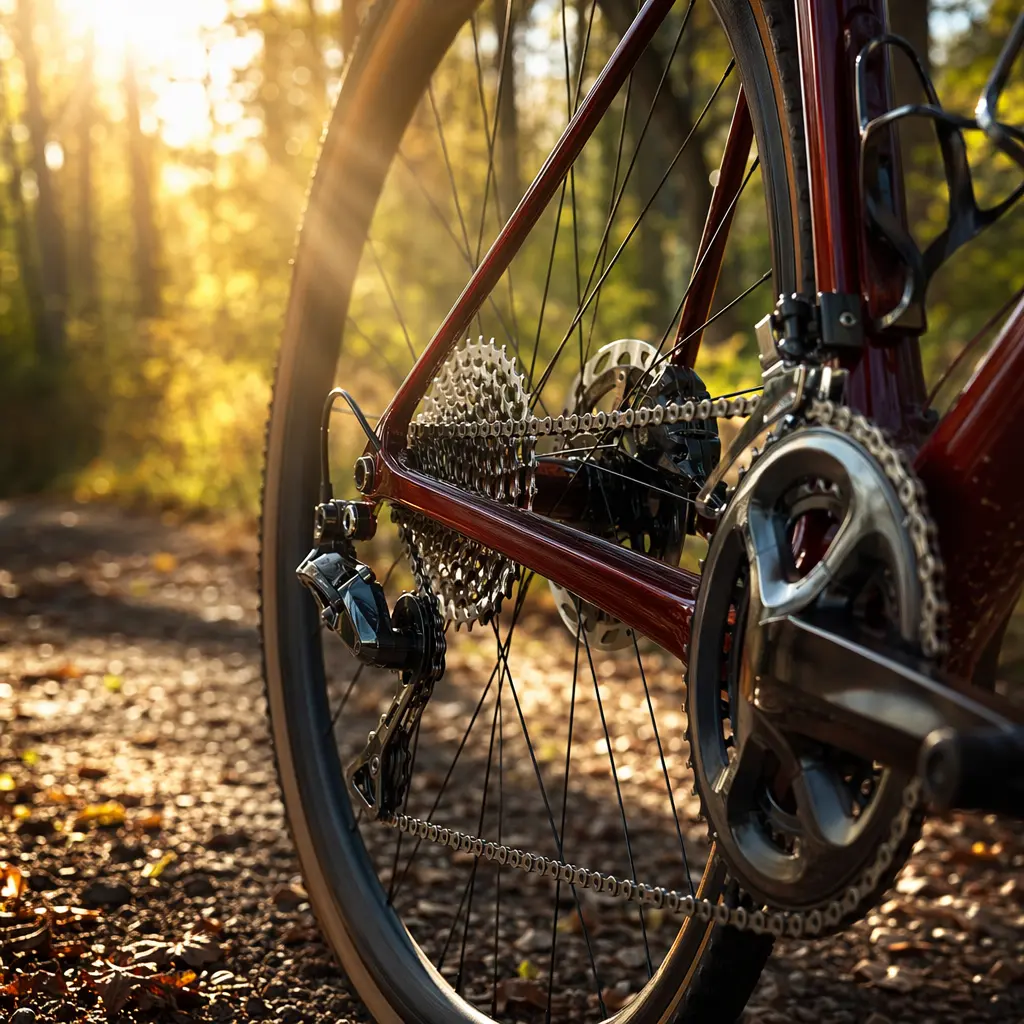 Close-up of a road bike drivetrain and disc brake in warm sunlight