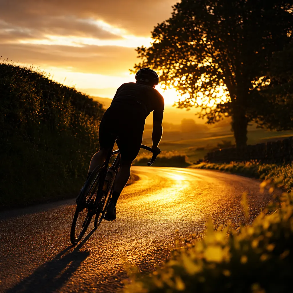 Silhouetted rider on a road bike at golden hour on a quiet country lane