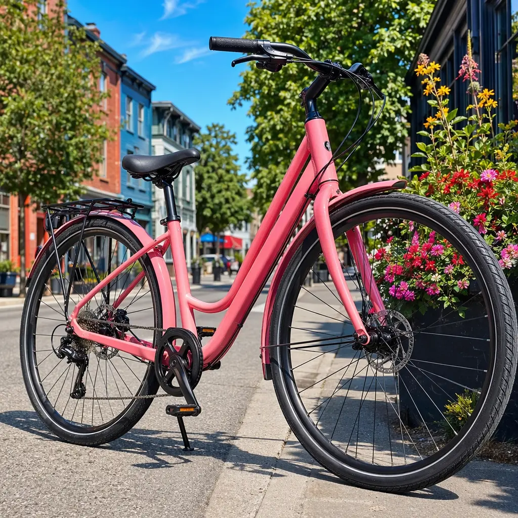Low step-through hybrid bike frame shown in bright summer sunlight on a city street