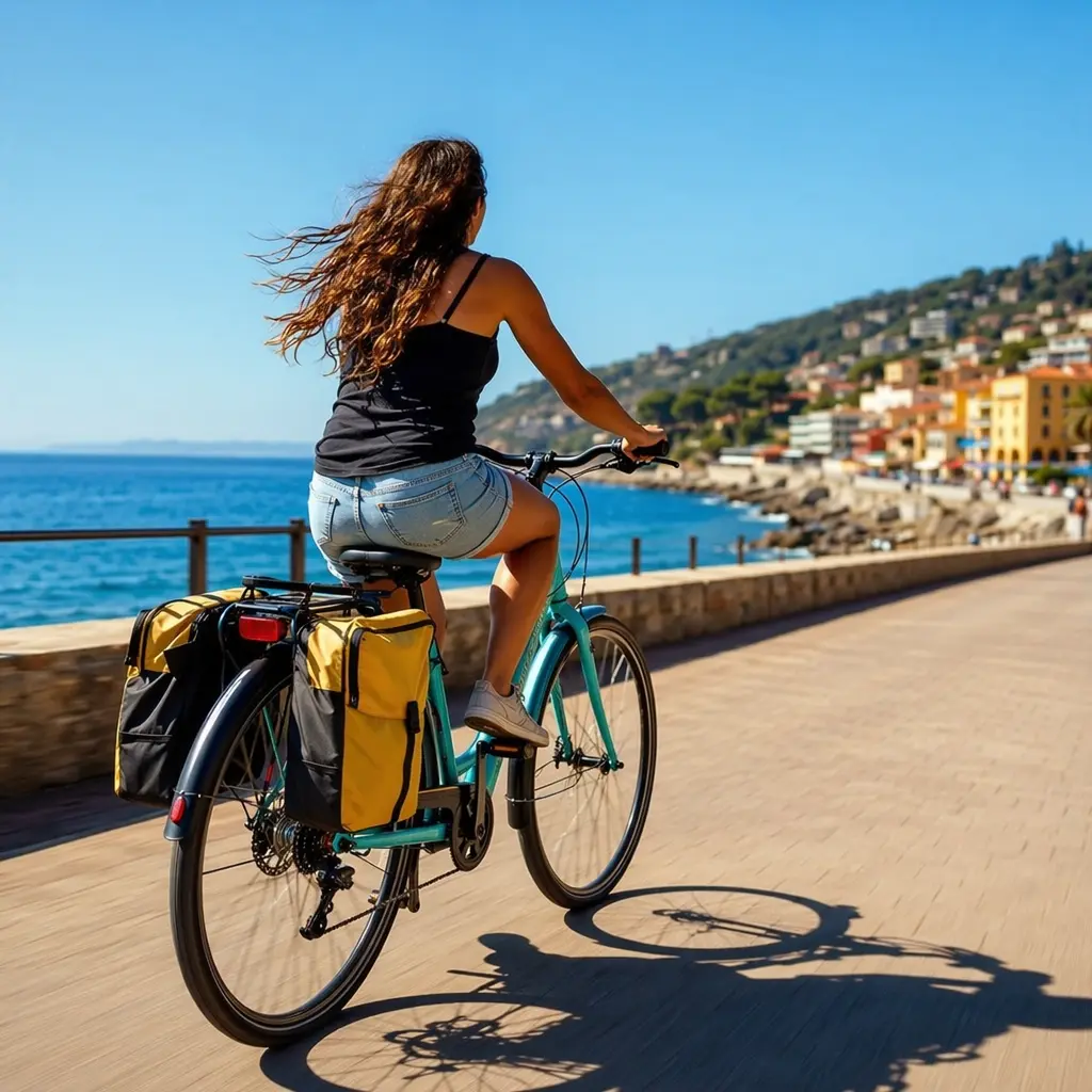 Step-through hybrid bike with panniers ridden along a sunny seafront promenade