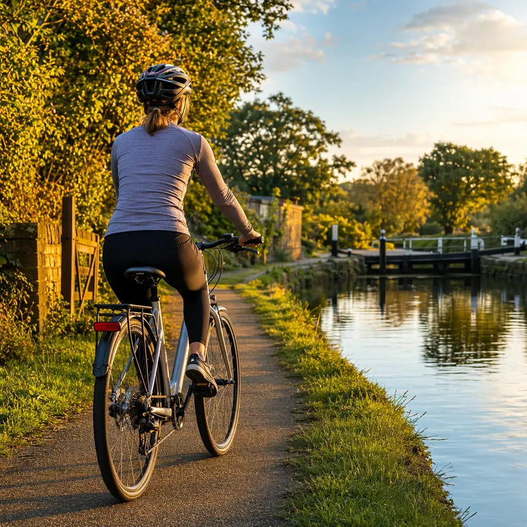 Step-through hybrid bike in warm golden-hour light on a UK canal towpath