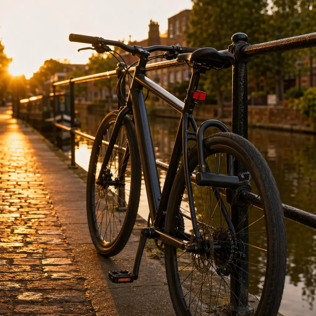 Bike secured with a strong lock beside a canal at golden hour