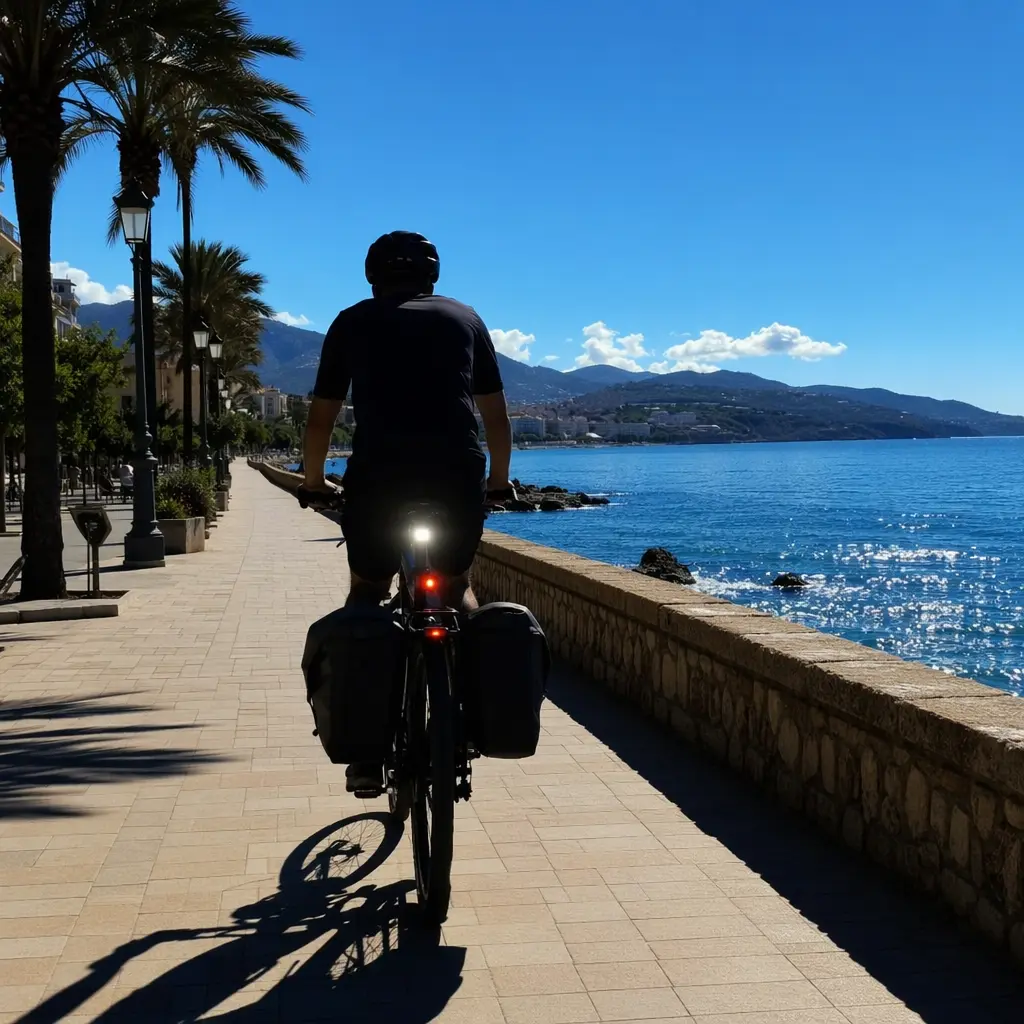 Commuter cycling with visible lights on a bright seafront