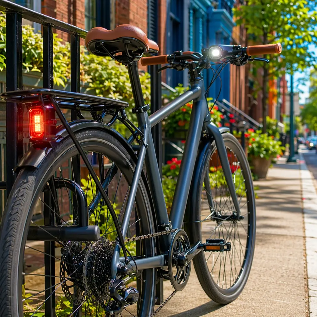 Everyday bike with lock, lights and comfort upgrades on a bright city street