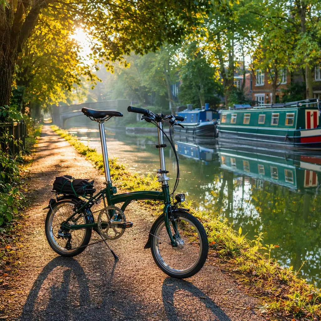 A folding bike resting beside a UK canal path in warm morning light