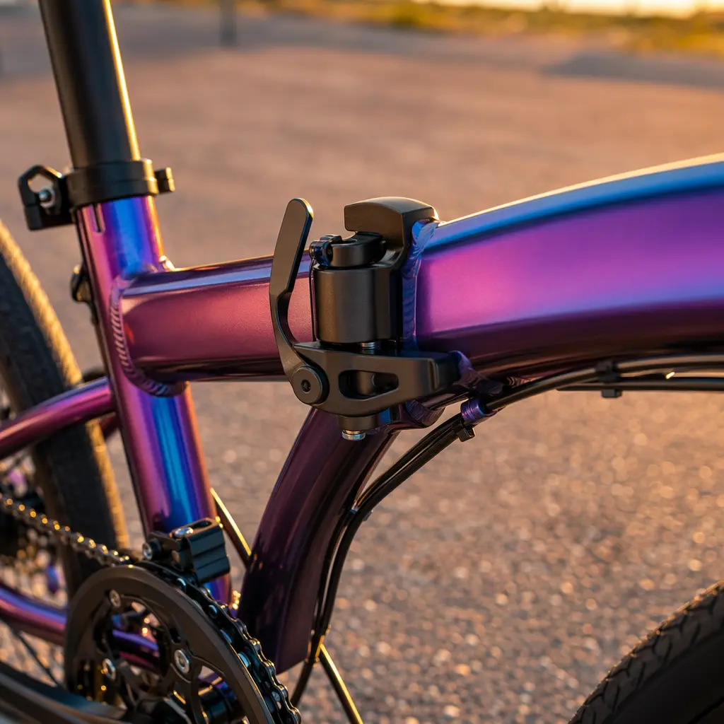 Detail of a folding bike’s hinge mechanism highlighted in warm evening light