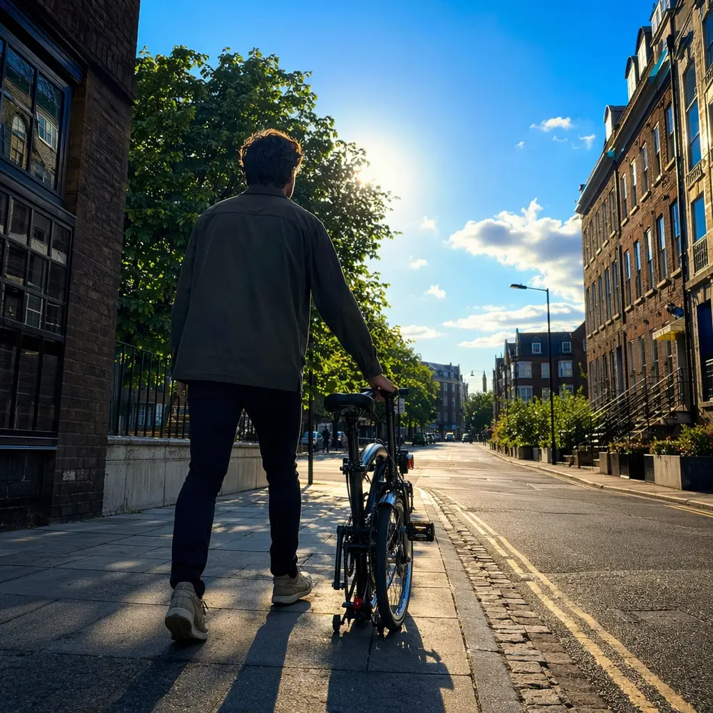 A compact folding bike in use on a sunny UK street, showing its portable, commuter-friendly character